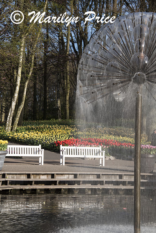 Flower bed of tulips with fountain, Keukenhof Gardens, Netherlands