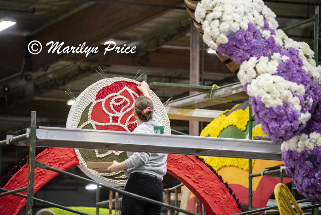 Gluing on individual petals, Float construction barn, Los Angeles, CA